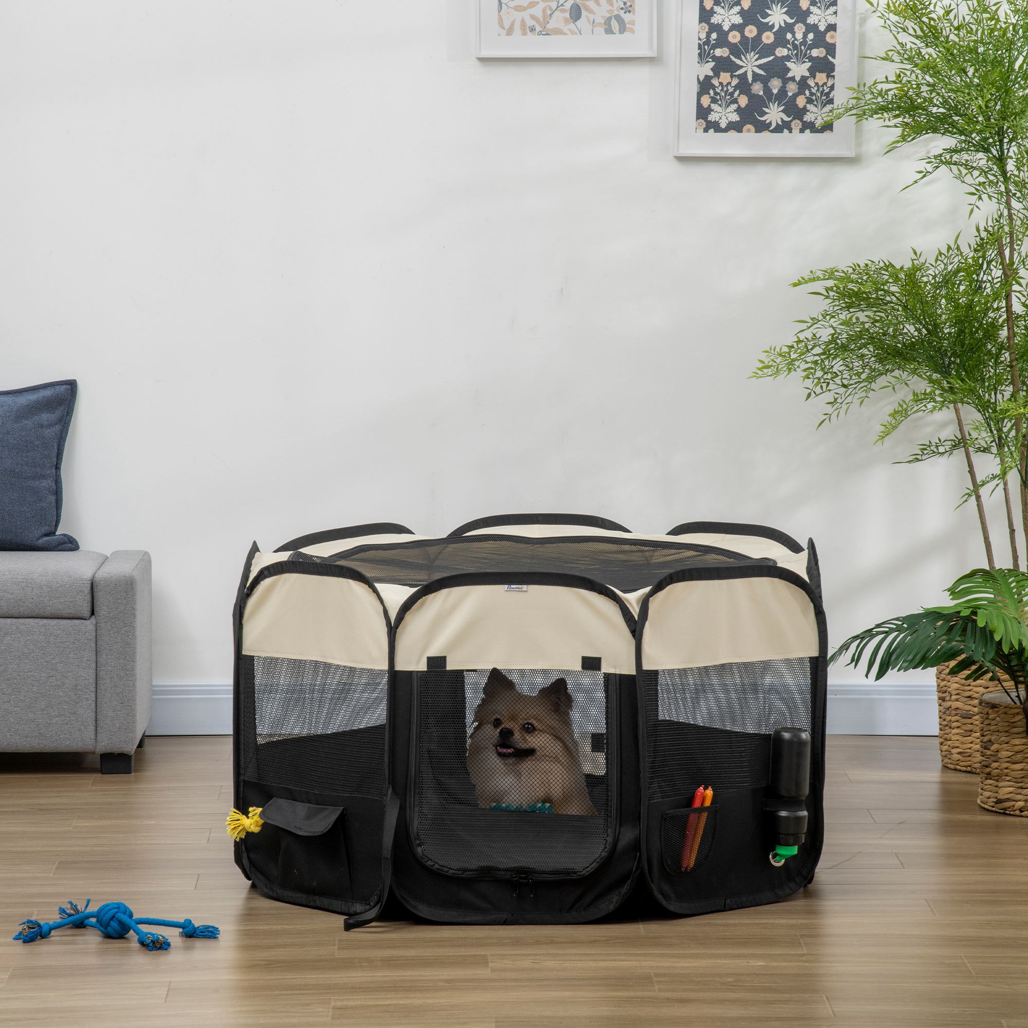 PawHut Welpenlaufstall mit Schutznetz schwarz, weiß 118L x 118B x 62H cm