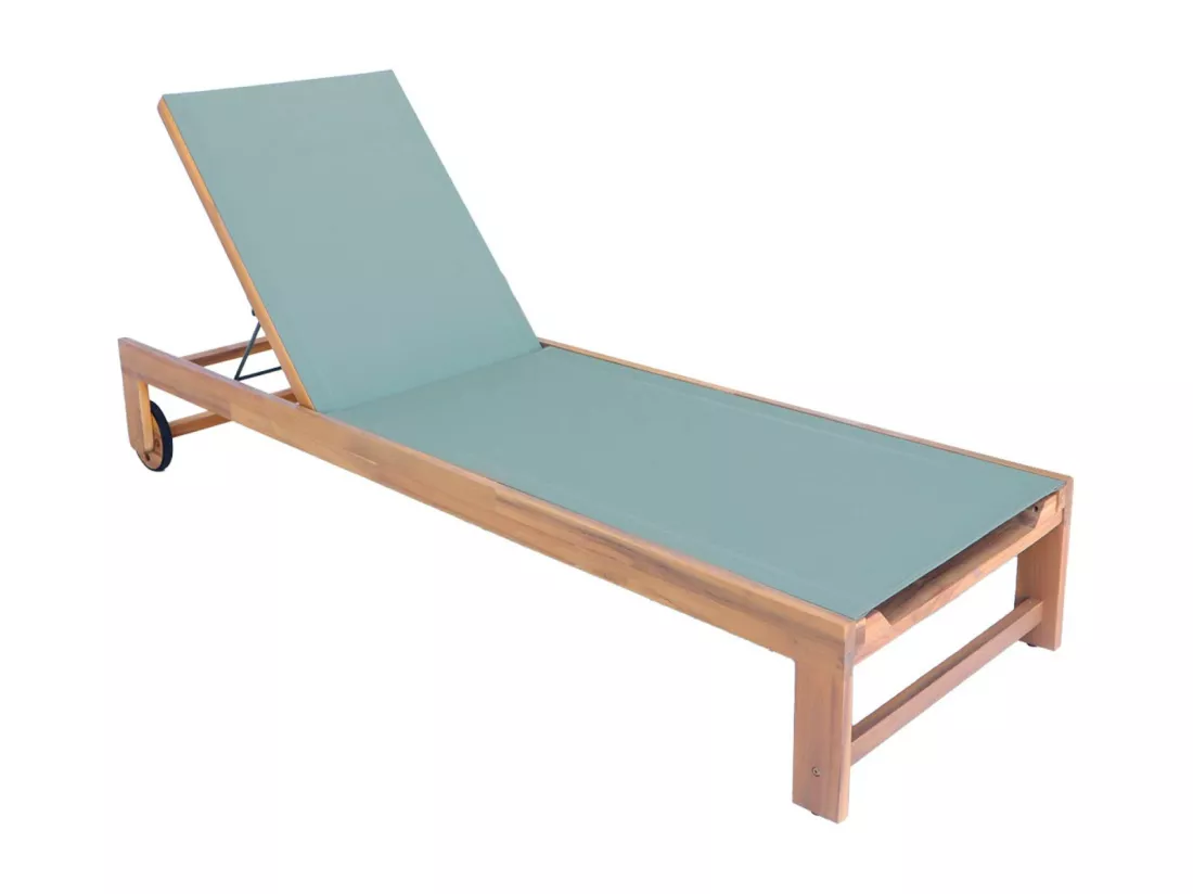 Lot de 2 bains de soleil en bois d'acacia et textilène kaki. multi positions avec roulettes