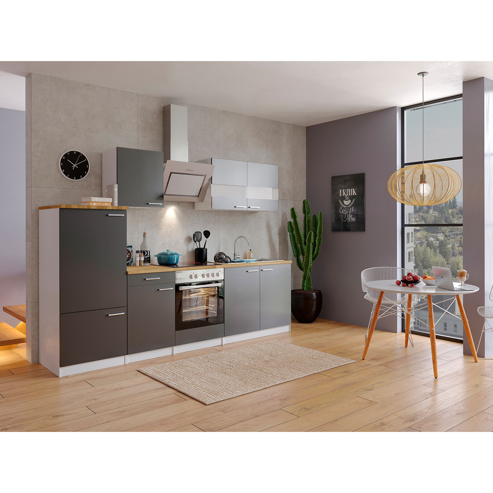RESPEKTA Küchenblock - grau-weiß - mit E-Geräten - 270 cm