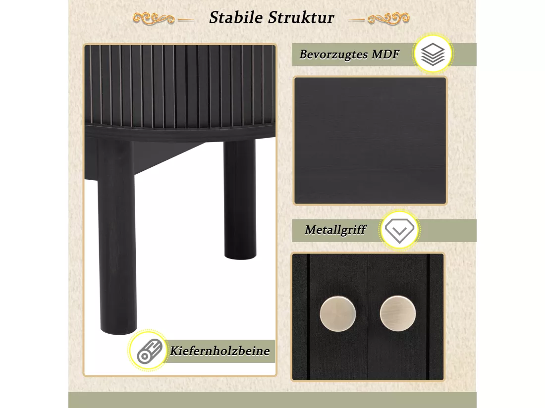 Buffet bas moderne avec 2 portes coulissantes - 138 x 43 x 75 cm - Forme ovale - Bois MDF + pieds en pin - Noir