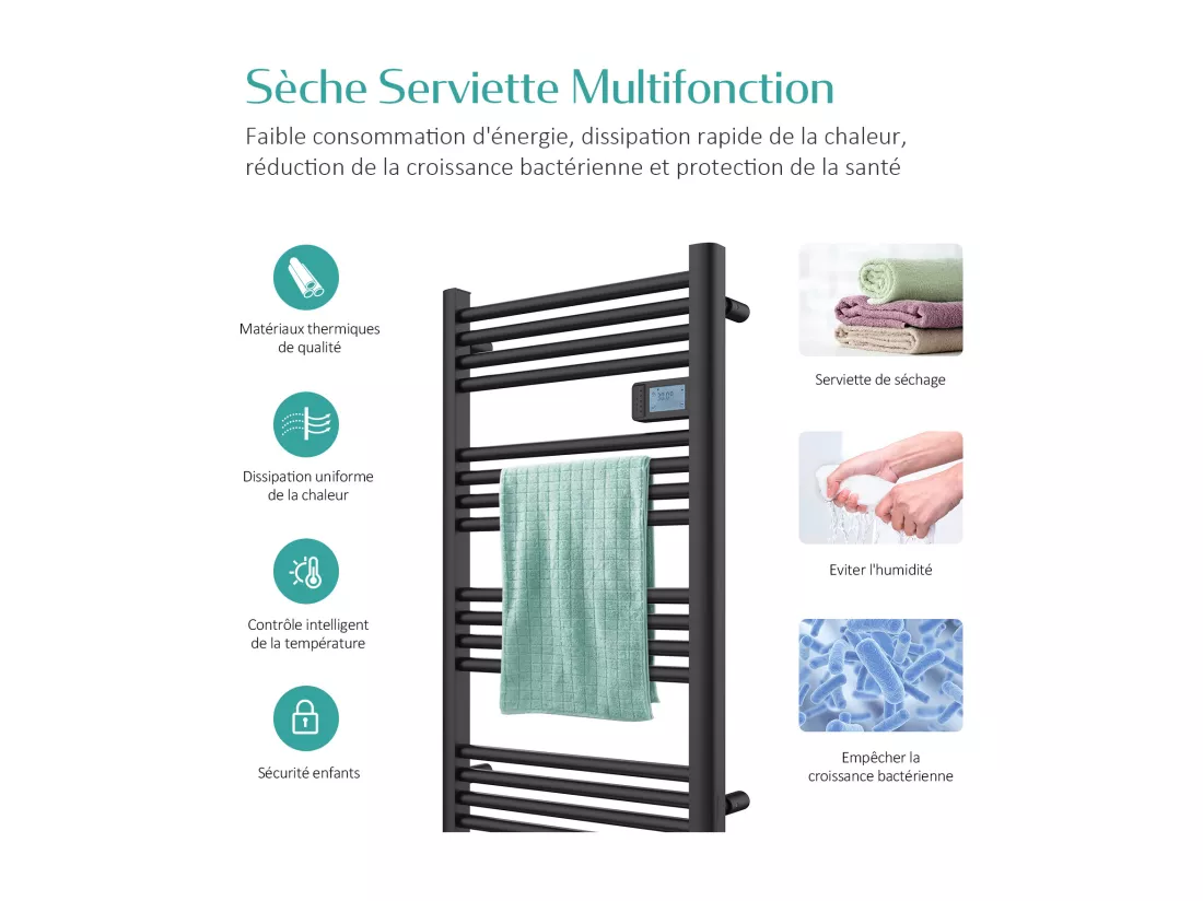 EMKE Sèche-serviette électrique Aluminium Commande tactile Température réglable - 960 x 540 mm Noir 500W