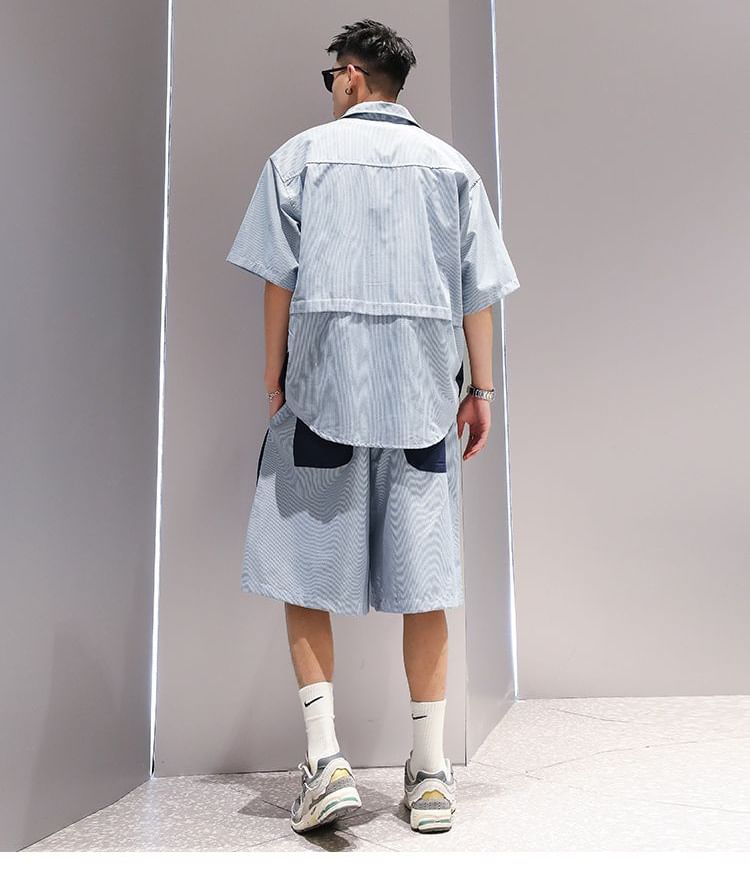Wewewow - Set: Shirt met korte mouwen en kraag + Shorts met trekkoord in de taille