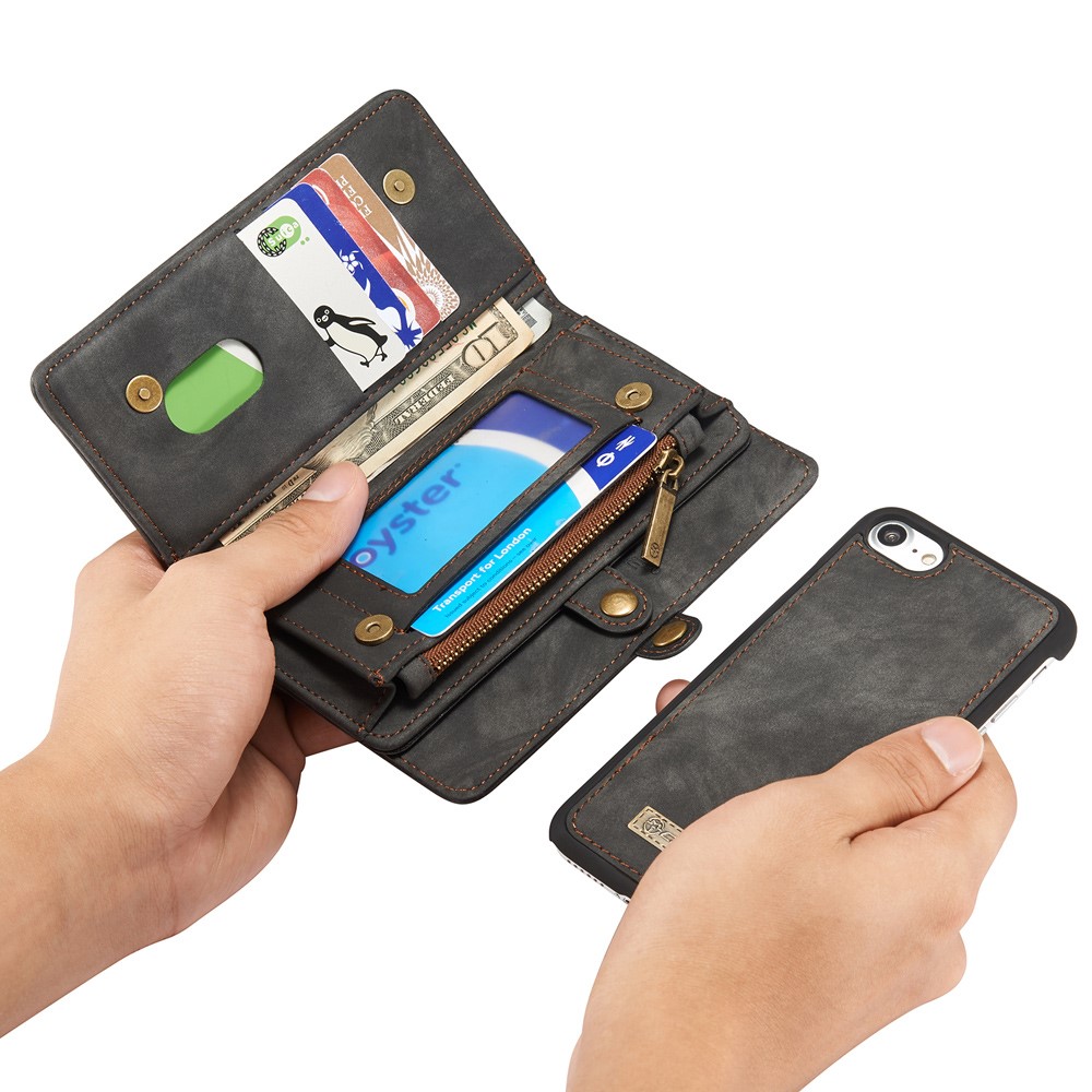 iPhone SE (2022/2020) / 8 / 7 3in1 Leder Tasche   Magnet Hardcase und Karten Etui - Grau