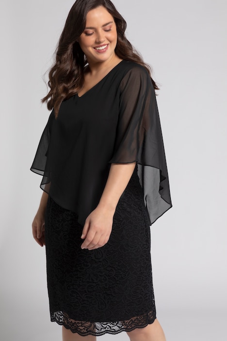 Abendkleid, Chiffon-Cape, Jersey, Spitzensaum, 3/4-Arm