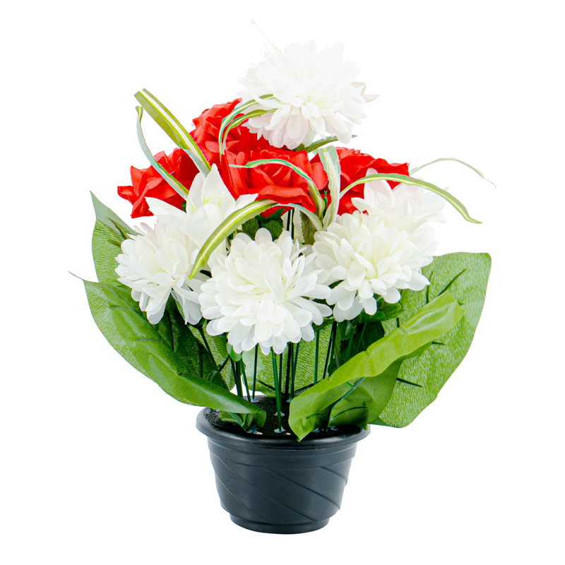 Coupe de chrysanthèmes, roses et lys