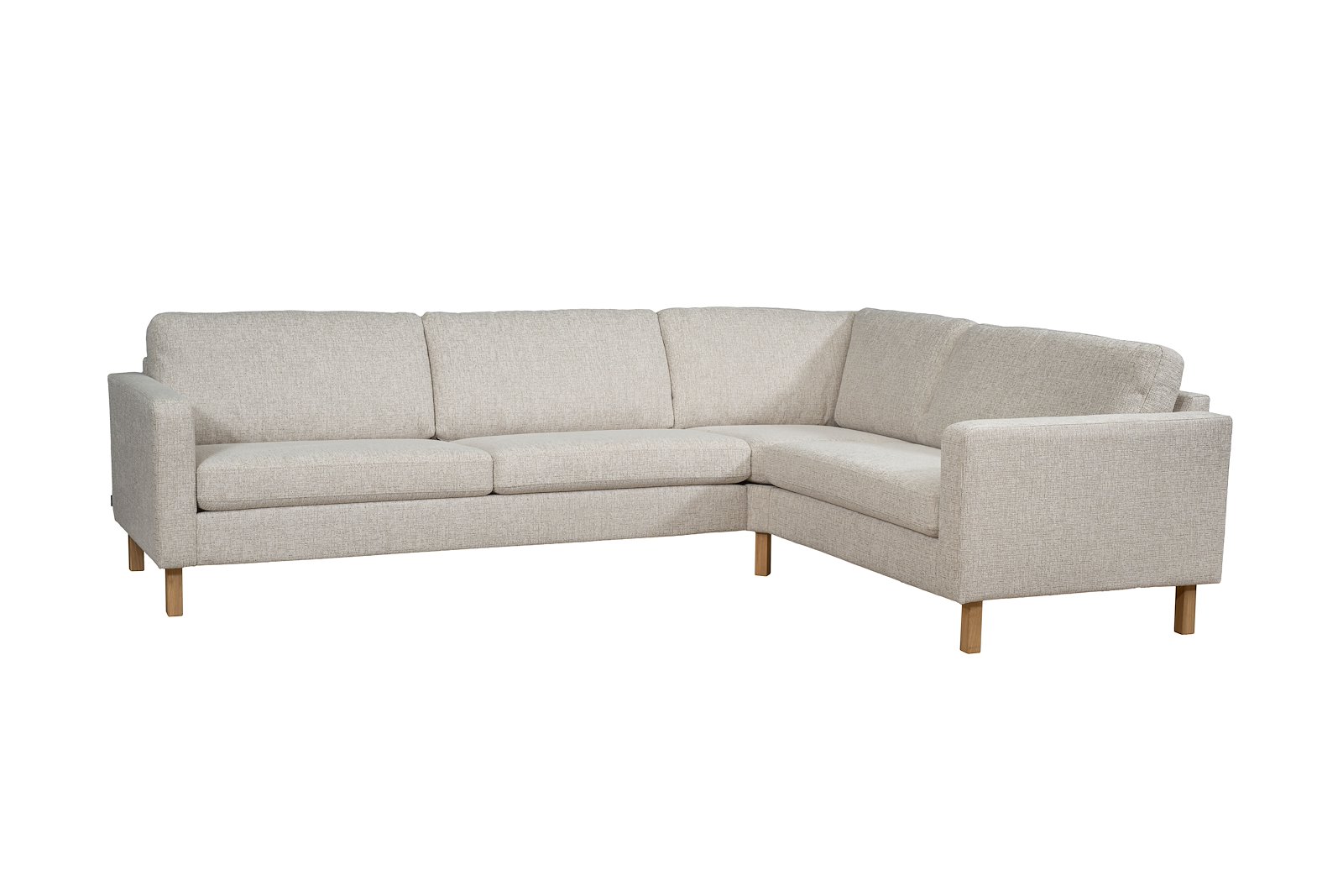 Mandal hjørnesofa Oppsett K. 3-seter, hjørnemodul, 1,5-seter Big. Tekstil Nivus 203 Lin Creme. Arm 16, Duo puter, Firkantet ben 16 cm Natur. Skum