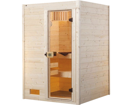 Massief houten sauna Weka Valida GT Gr.1 incl. 4,5 kW kachel en digitale bediening, zonder raam, met volledig glazen deur van helder glas