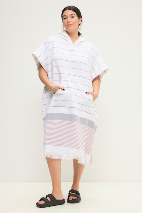 Badeponcho, Boxy Shape, Kapuze, Fransen, Streifen