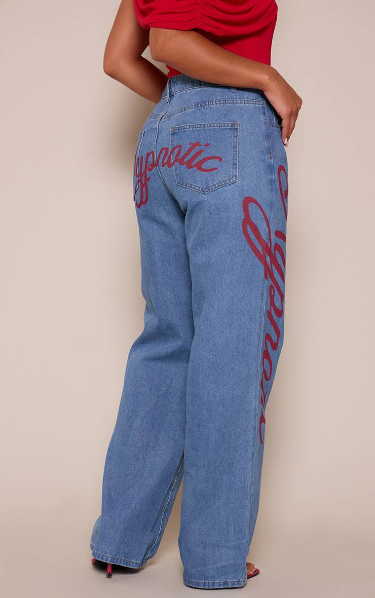 Light Blue Wash Jean Droit Taille Basse Avec Slogan Shape