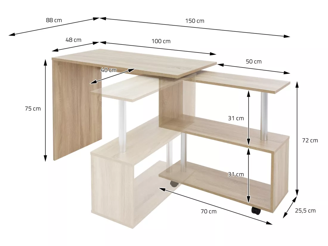 Bureau en angle sonoma table de travail pivotant 90° ML-DESIGN