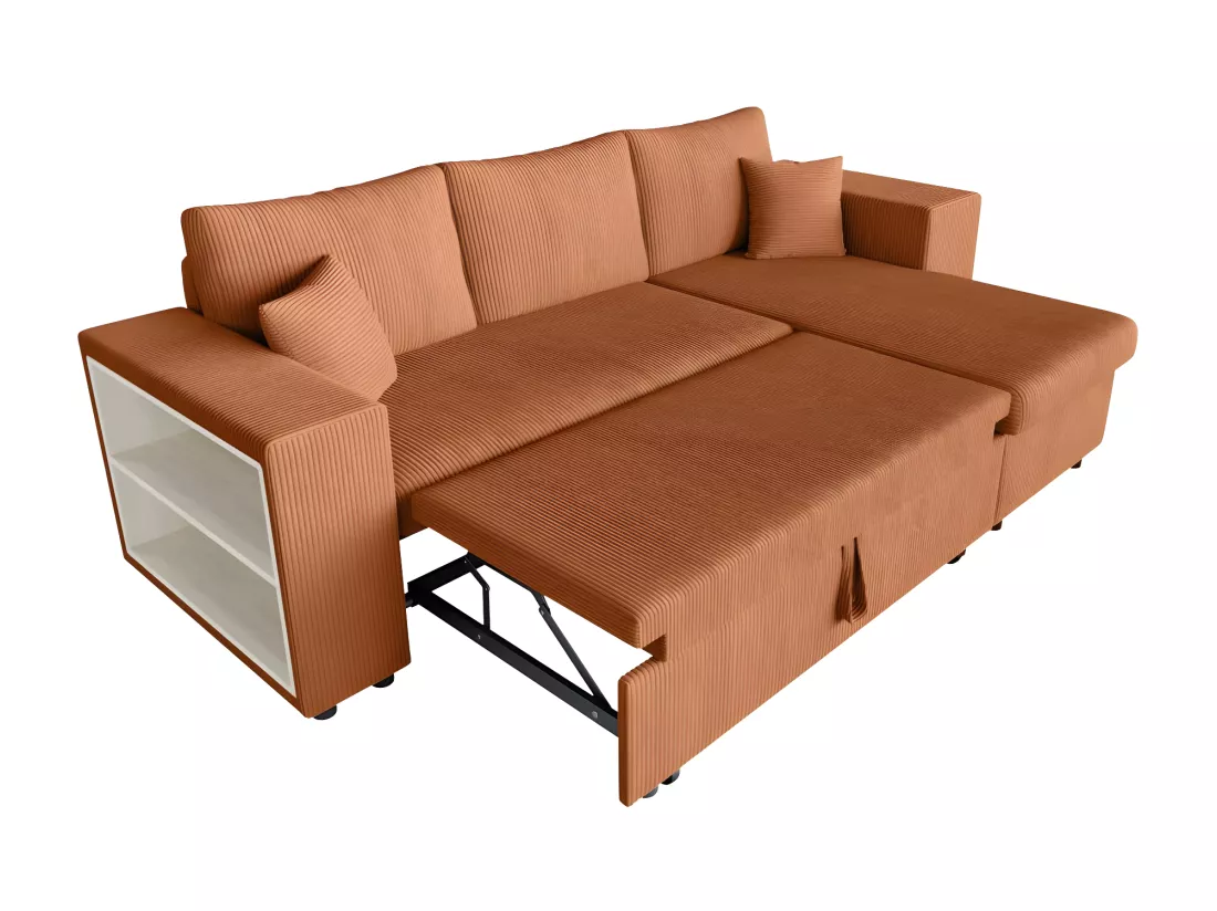 Canapé d'angle réversible Mady avec coffre, rangement poufs à droite en velours côtelé terracotta - L254 x P146 x H81cm - Loungitude