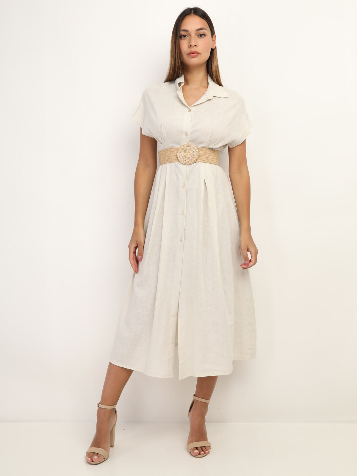 Robe en lin boutonnée à fente- Beige