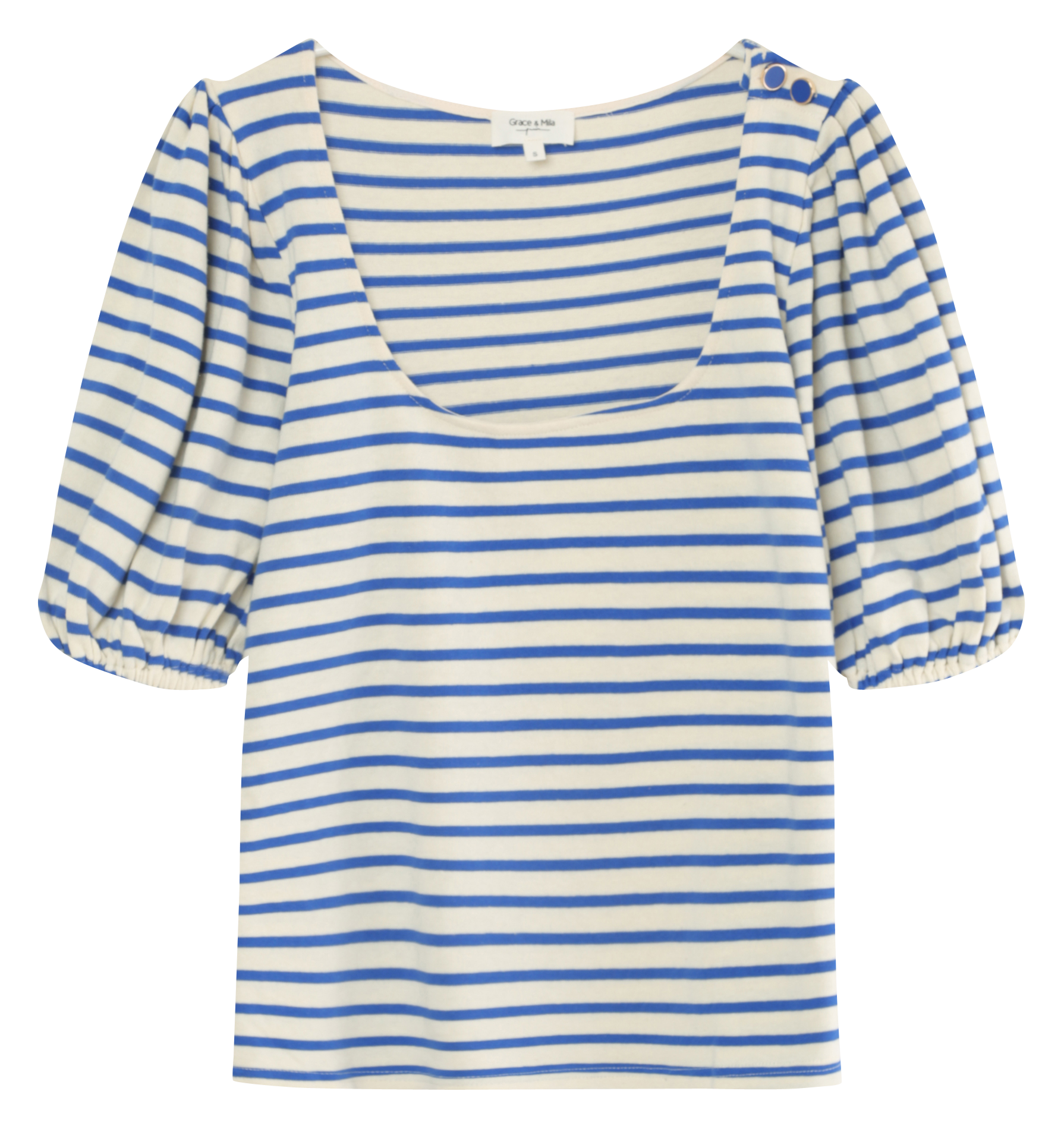 EMILE - Tee-shirt col carré rayé en coton | Bleu