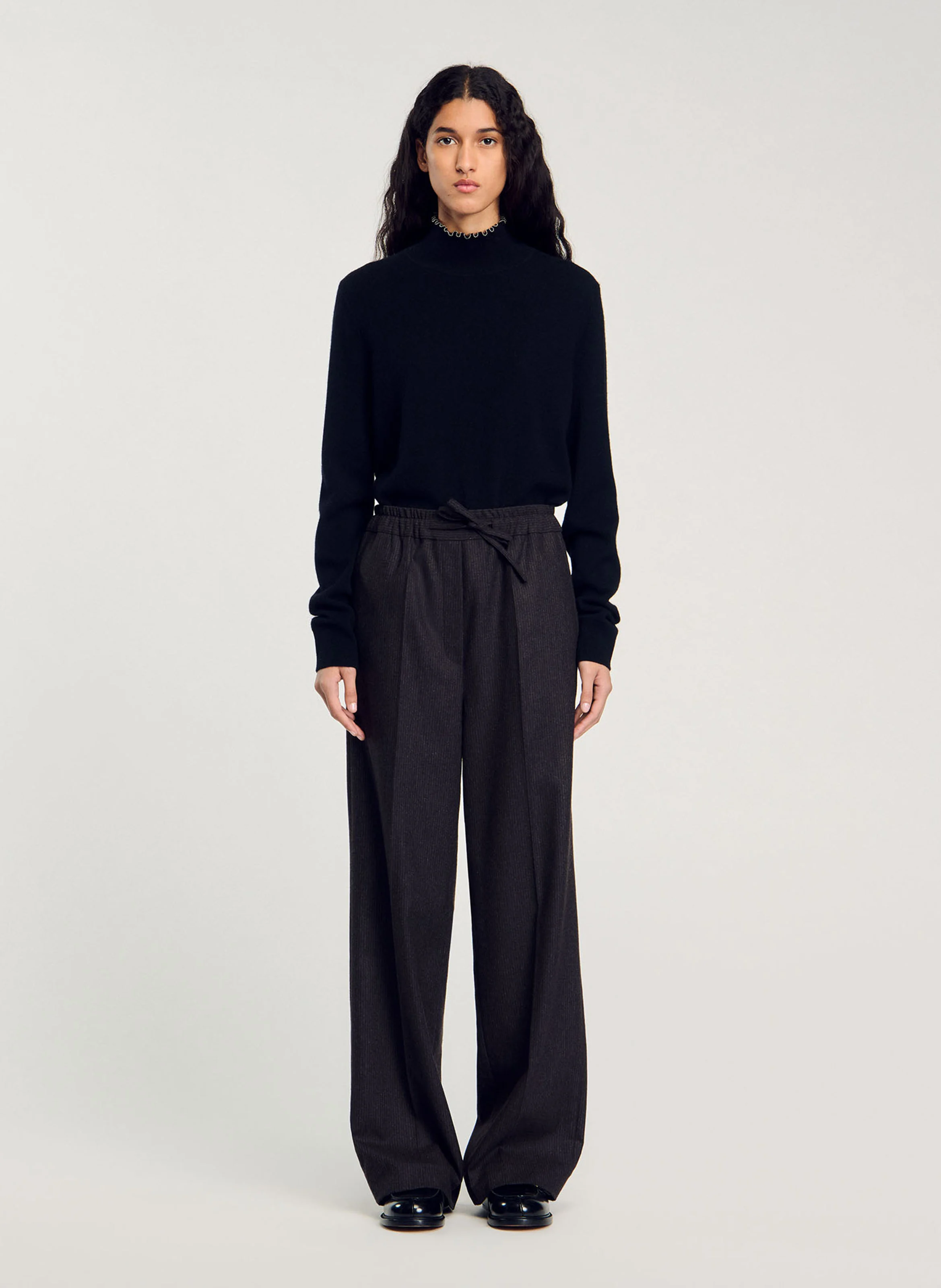 Pantalon large en laine mélangée | Marron