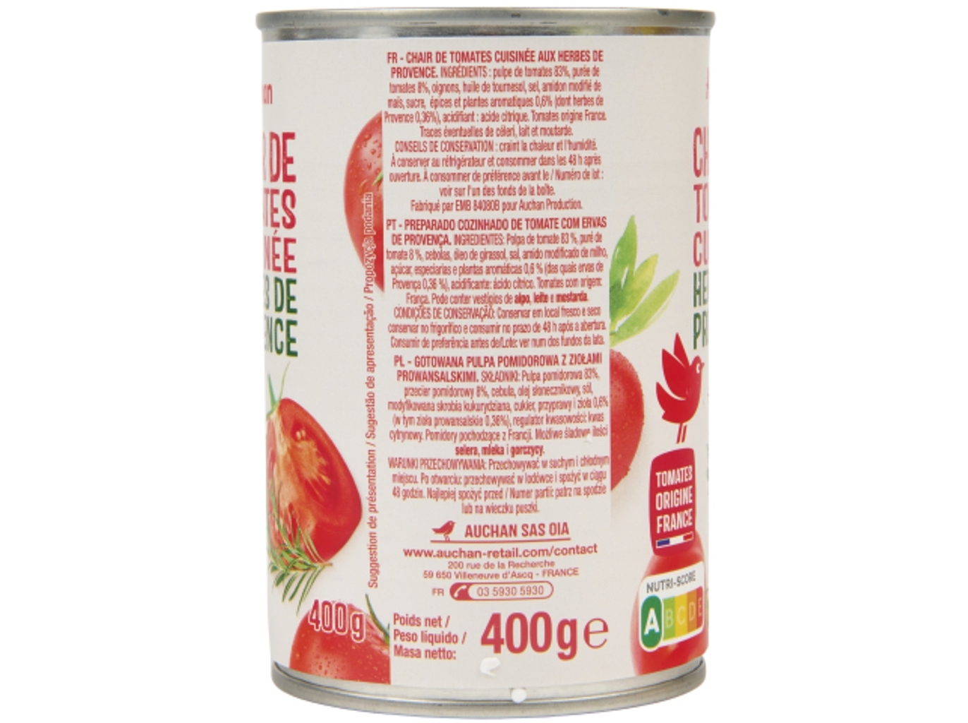 PREPARADO TOMATE AUCHAN COZINHADO COM ERVAS PROVENCE 400G