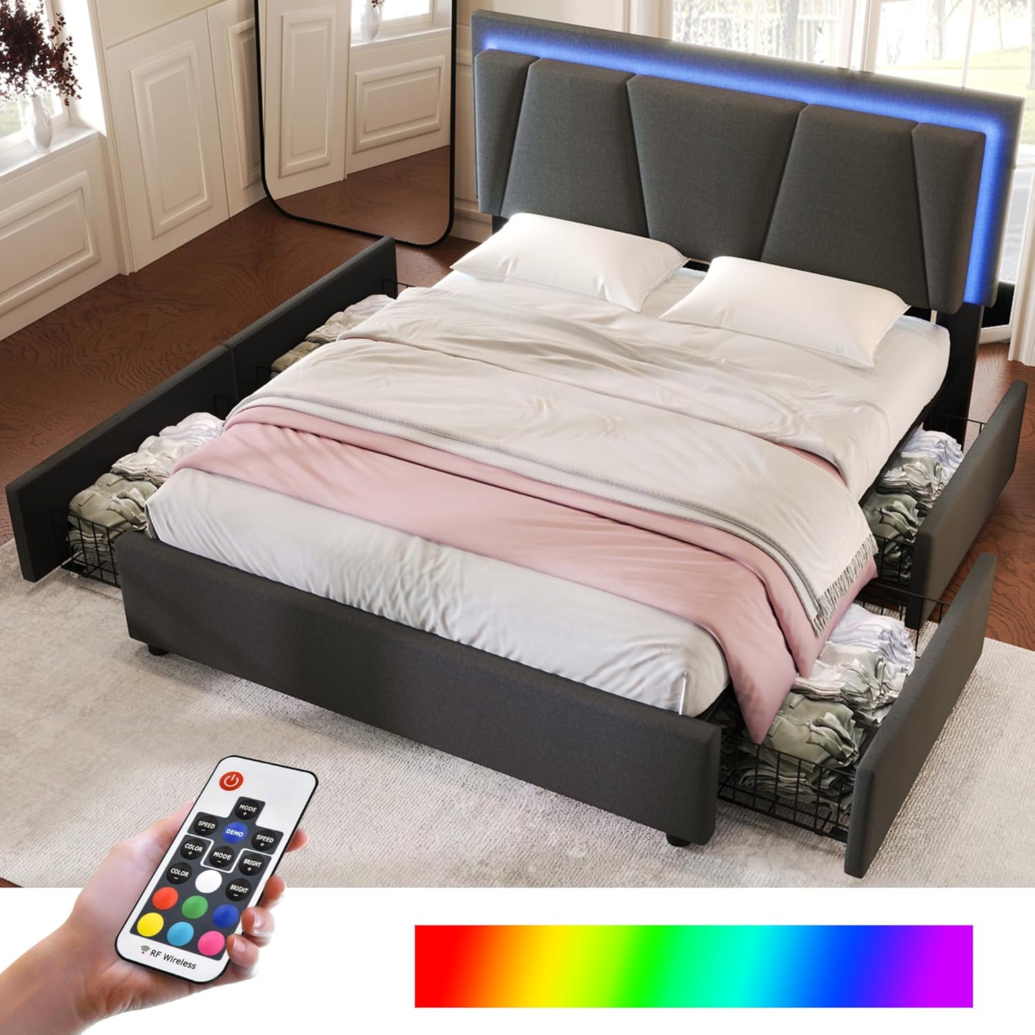 Merax Polsterbett 140x200cm mit LED-Beleuchtung und 4 Schubladen, Doppelbett Bettgestell mit Lattenrost und Höhenverstellbarem Kopfteil, Stauraumbetten, Leinenmaterial, Jugendbett,ohne Matratze,Grau