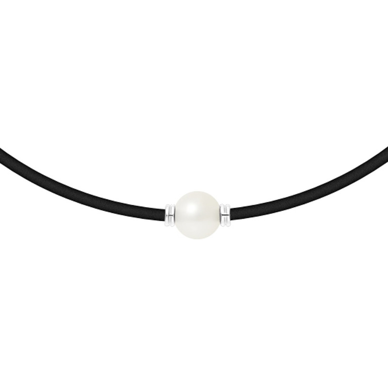 Collier Homme-Femme Néoprène, Perle de de Culture Blanche et Argent Massif 925