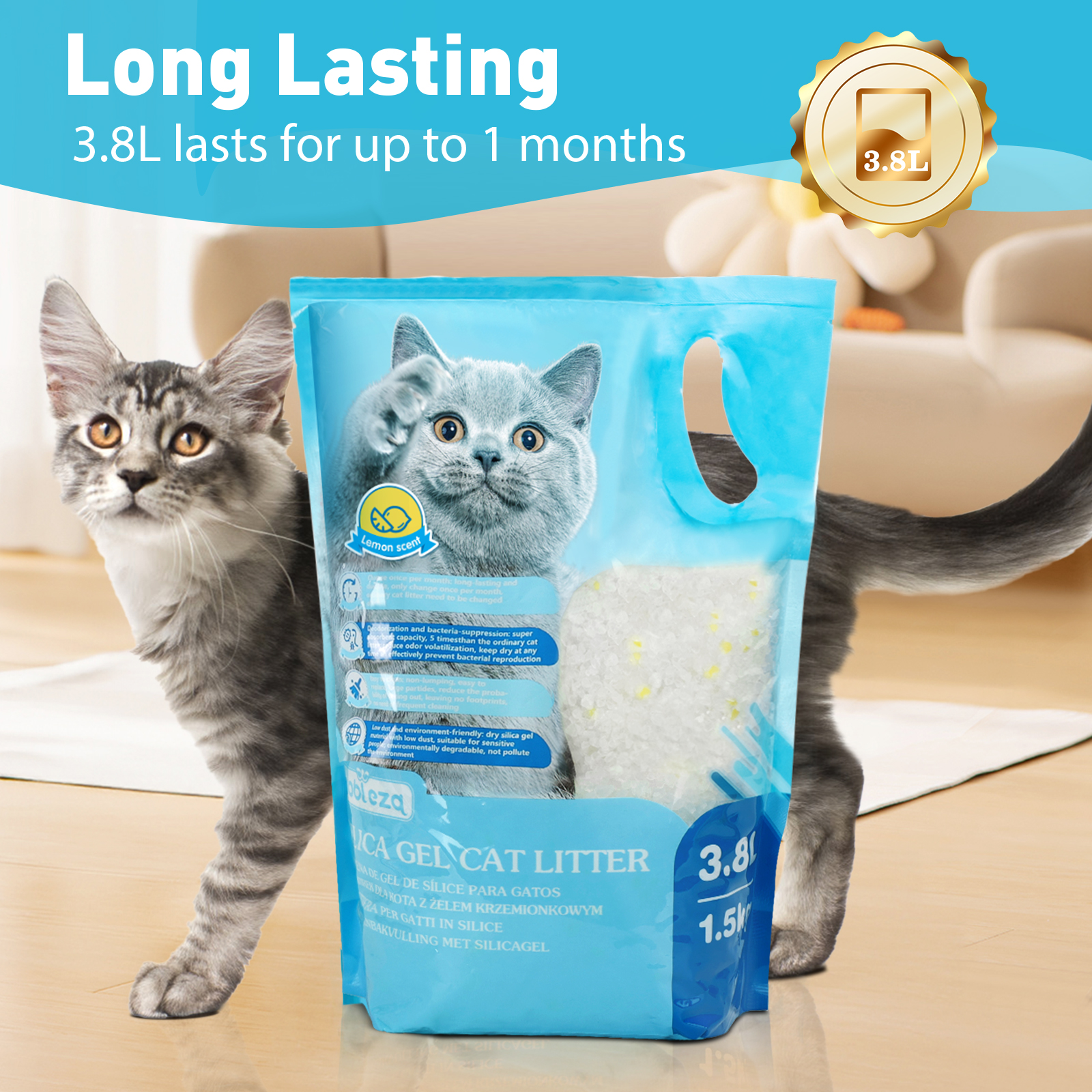 Nobleza - Areia higiênica de sílica para gatos, em gel diamante, 3,8L. Absorvente, confortável e biodegradável.