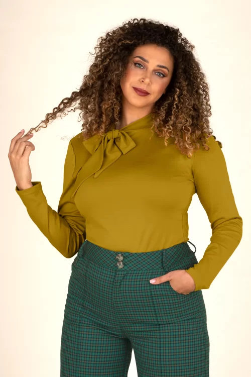 Vixen Jersey top met strik in mosterd