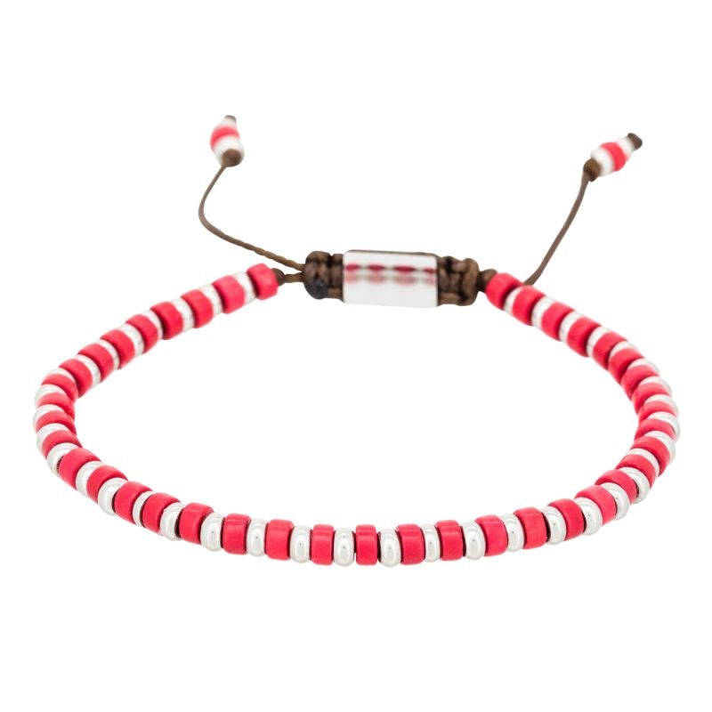 Bracelet Homme ajustable acier et perles de rocaille rouge 
