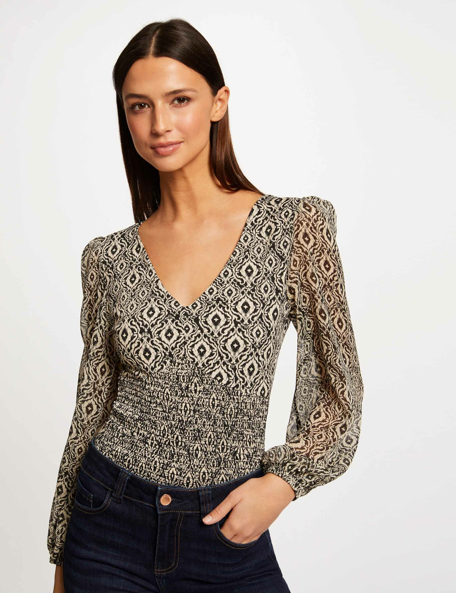 T-shirt manches longues smocké imprimé multico femme - multico