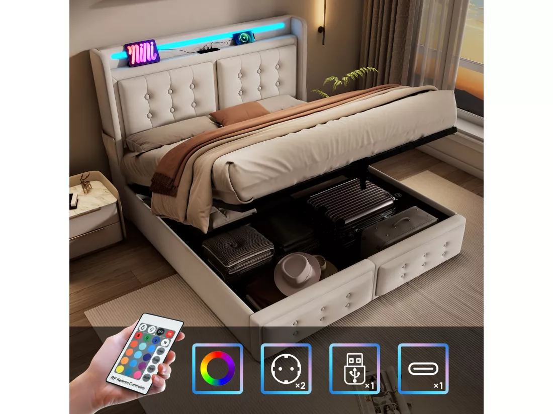 Lit coffre 180x200cm en tissu lin - avec LED et Ports de recharge - Beige
