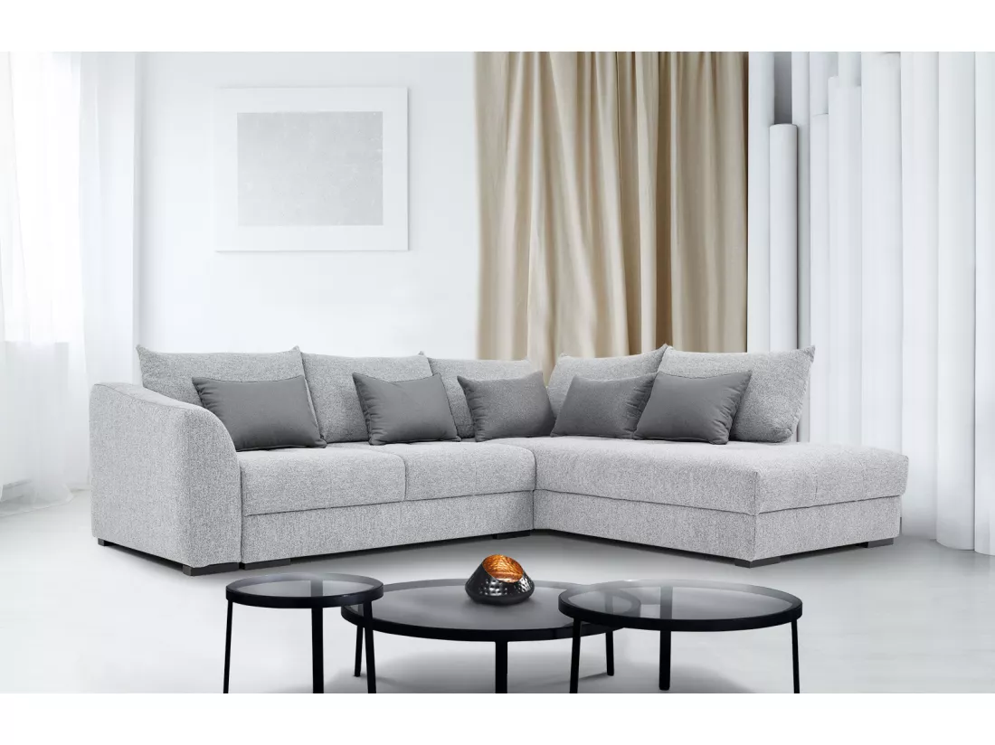 Canapé d'angle droit 5 places convertible tissu gris clair - Elbe