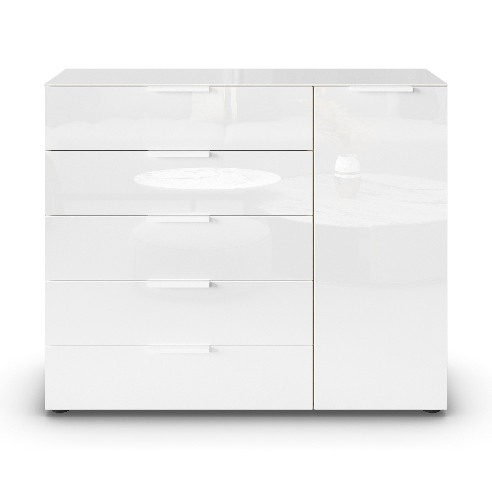 Kommode - Artisan Eiche - Kristallweißglas - weiße Griffe - 120 cm