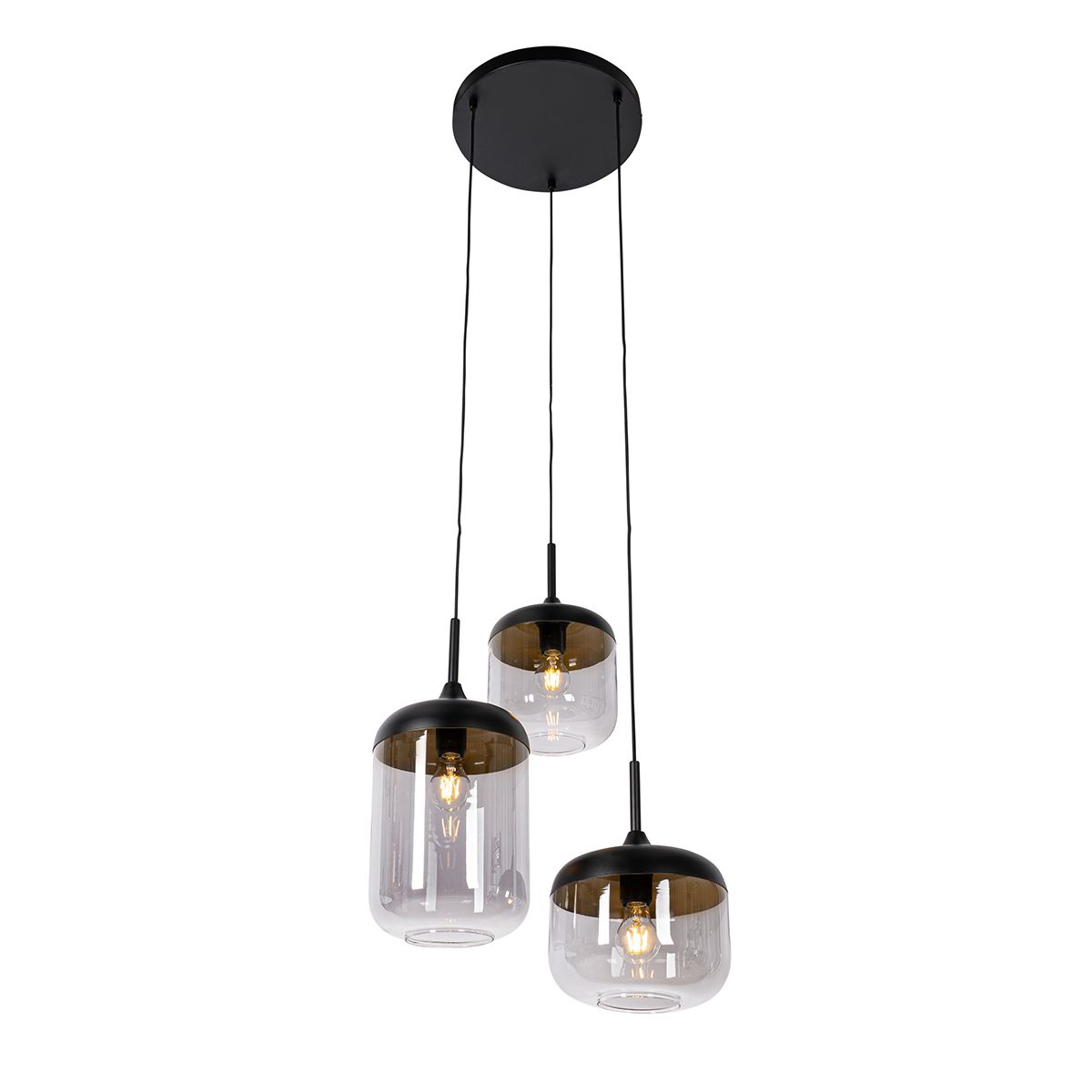 Hanglamp zwart met goud en smoke glas 3-lichts rond - Kyan