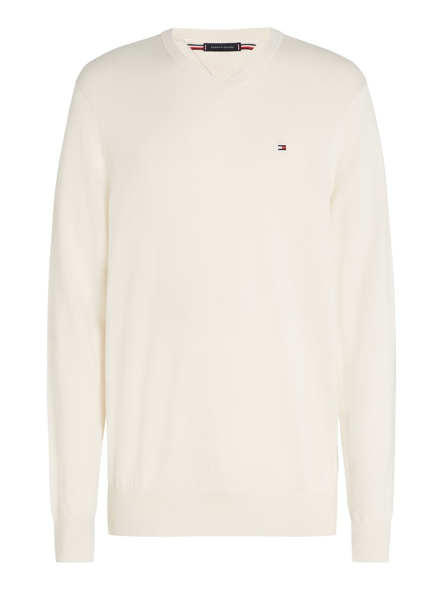 Tommy Hilfiger Strickpullover »ESSENTIAL COTTON V NECK mit V-Ausschnitt und Stickerei«, unifarben, casual, regular fit, Baumwolle, V-Ausschnitt