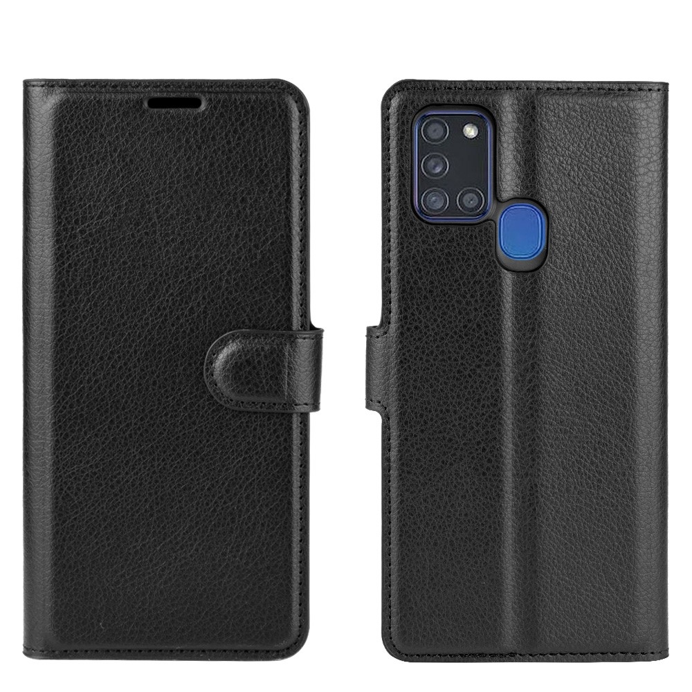 Samsung Galaxy A21s Leder Tasche Flip Cover Litchi Look - Schwarz