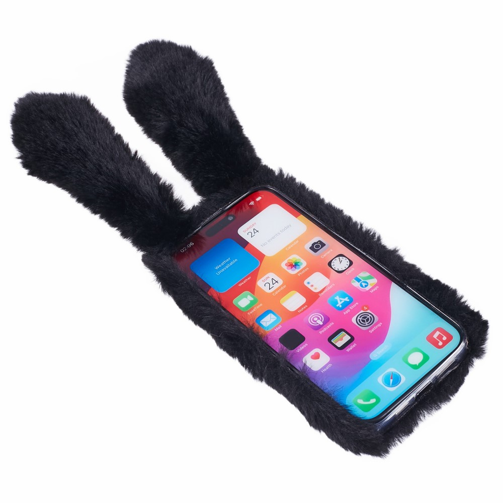 iPhone 15 Pro 3D Gummi Plüsch Case Hülle Bunny mit Flauschigen Hasenohren - Schwarz