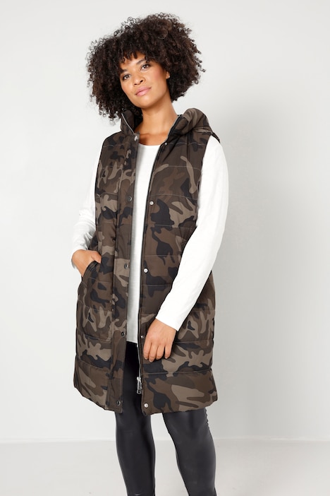 Long-Steppweste, Straight Fit, Camouflage, Kapuze, Zipper, Seitenschlitze