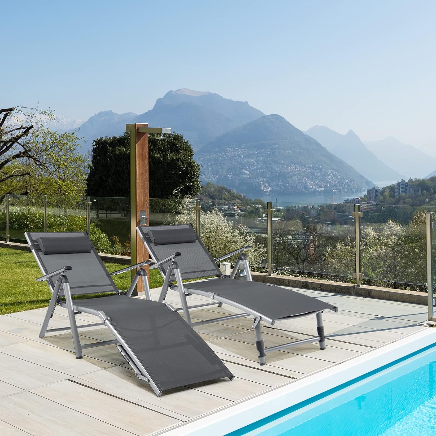 GOPLUS Sonnenliege klappbar, 180cm Gartenliege aus Aluminium bis 110kg Belastbar, Liegestuhl mit Verstellbarer Rückenlehne & Fußstütze, Relaxliege Garten mit Kissen für Outdoor Strand Balkon