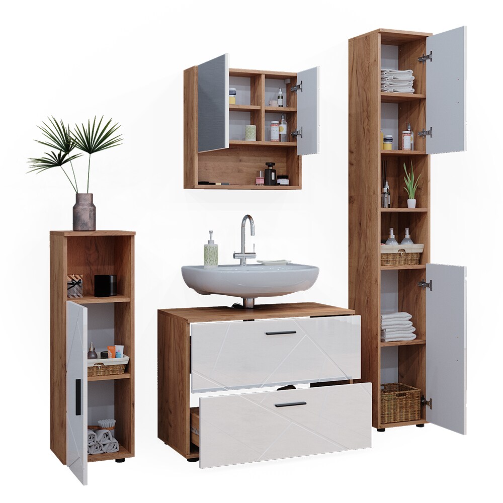 Vicco Badmöbelset Irma Eiche Weiß Hochglanz modern Badezimmerschrank Badschrank Badezimmermöbel Waschtischunterschrank Spiegelschrank Midischrank Hochschrank Schrankschublade Schranktür Schrankfach