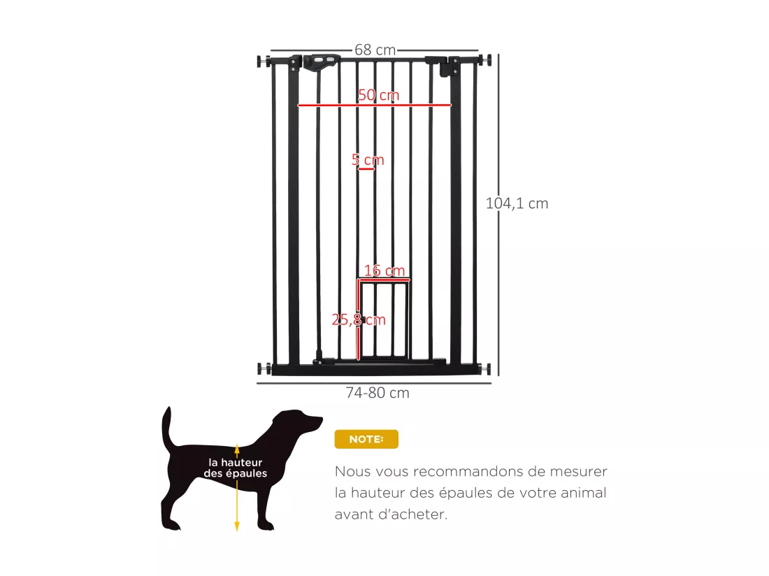 Barrière de sécurité animaux - longueur réglable dim. 74-80 cm - porte double verrouillage, ouverture double sens, petite porte -sans perçage - acier plastique noir