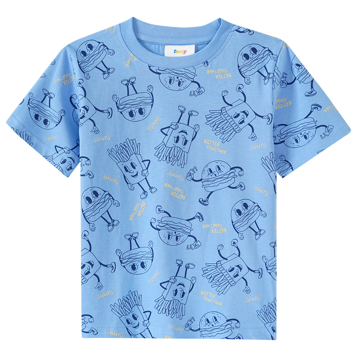 Famy 3 Jungen T-Shirts mit Fast Food Prints blau / dunkelblau / hellblau