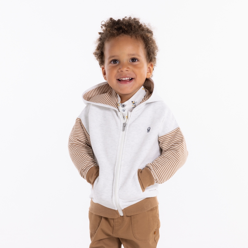 Sweat zippé effet côtelé chat brodé blanc bébé garçon
