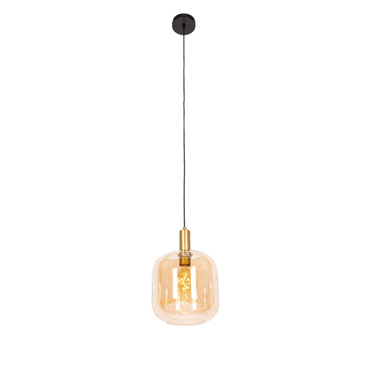 Smart hanglamp zwart met messing en amber glas incl. Wifi G95 - Zuzanna