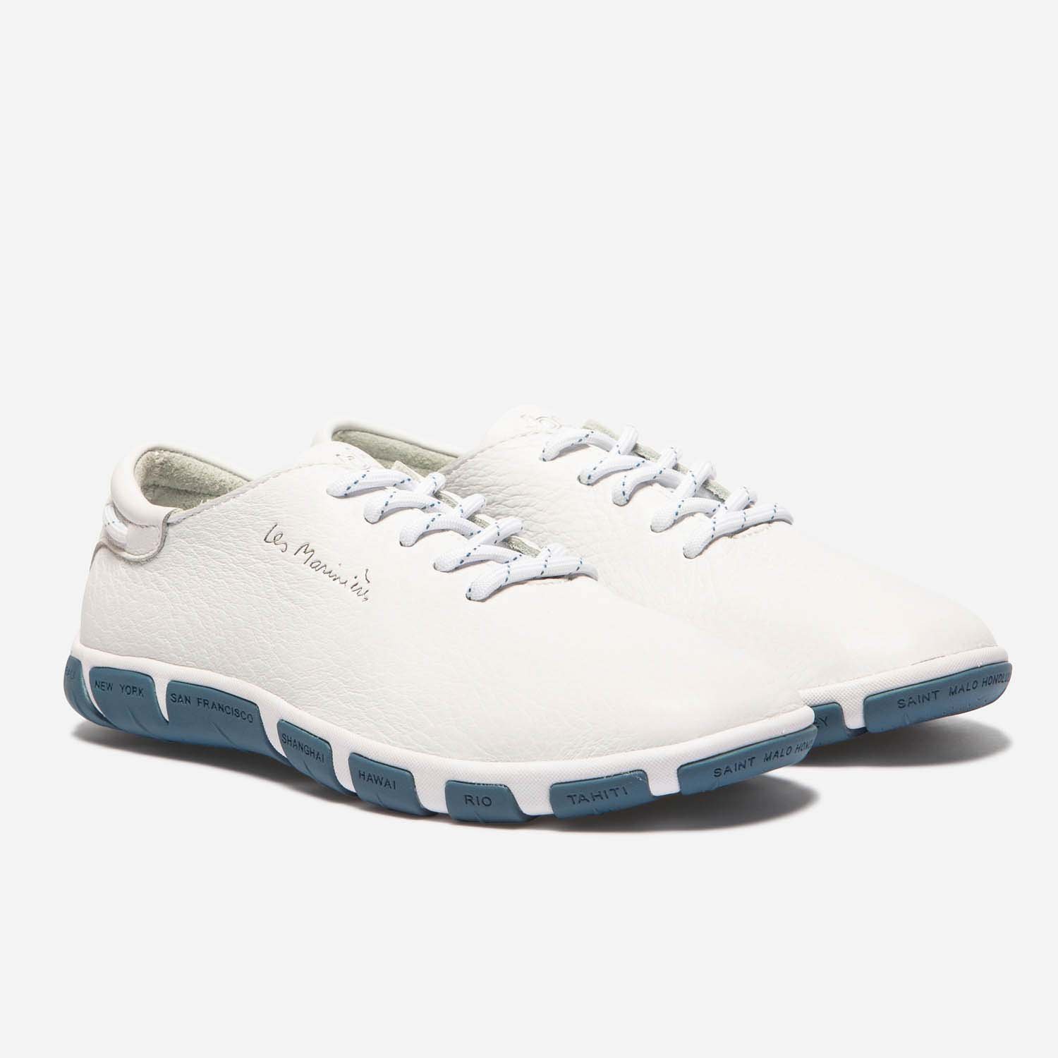 Tennis Femme En Cuir Blanc Semelle Bleue