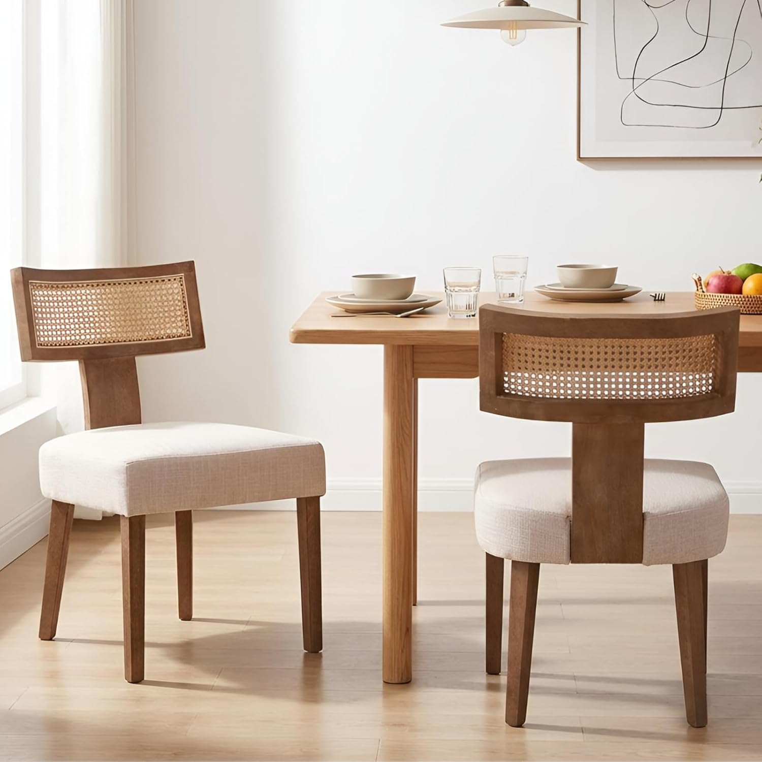 Esszimmerstühle 2er Set Leinen Küchenstuhl mit Rattan Rückenlehne Vintage Seitenstühle Holz Polsterstuhl für Esszimmer/Wohnzimmer/Balkon, Beige