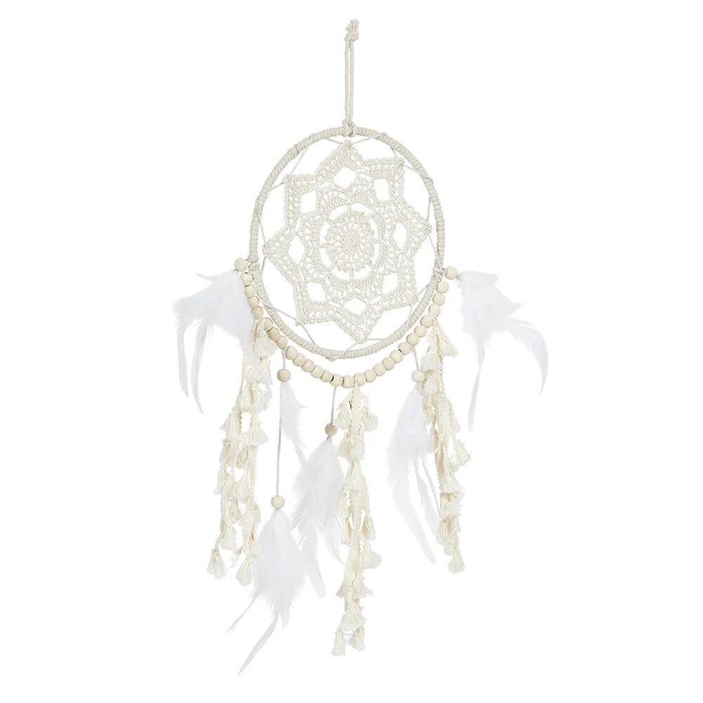 Attrape rêves macramé perle plume beige et blanc