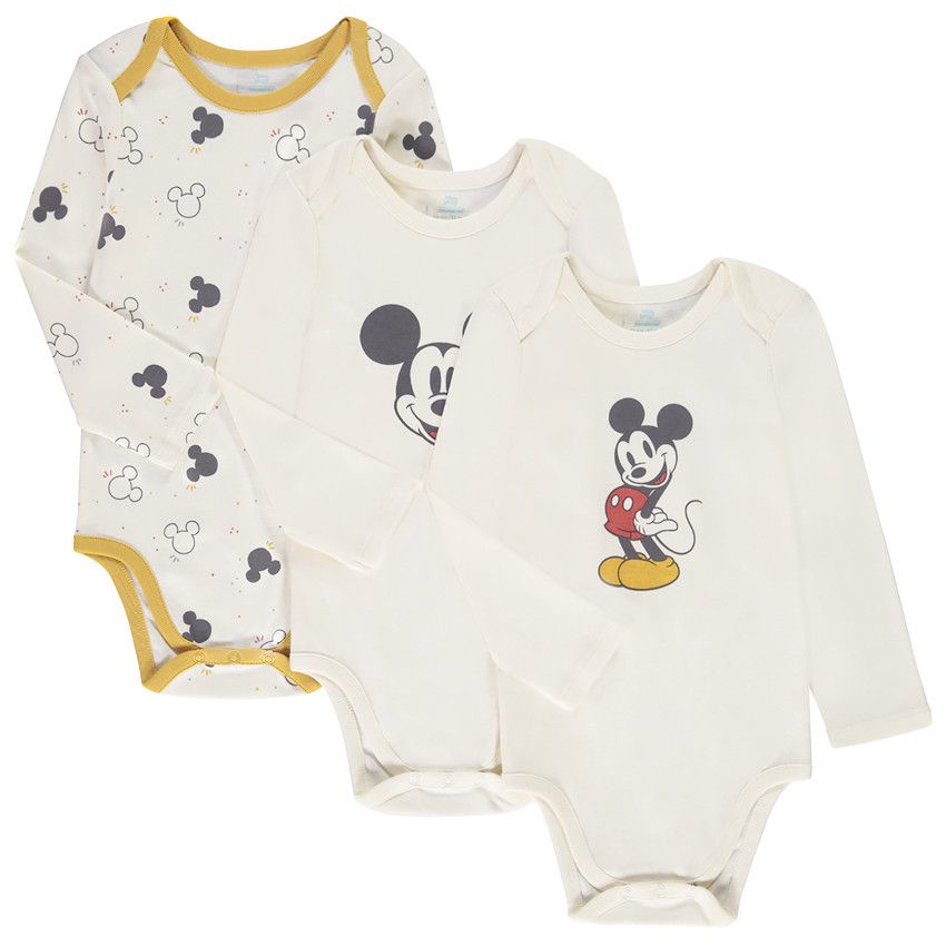Lot de 3 bodies manches longues print Mickey Disney pour bébé garçon - Blanc