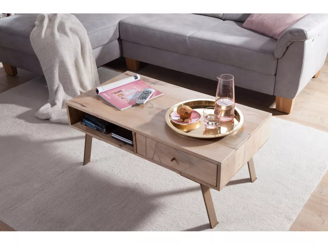 Table basse Sikar 95X42X50Cm En Bois Massif Solide / Métal Manguier