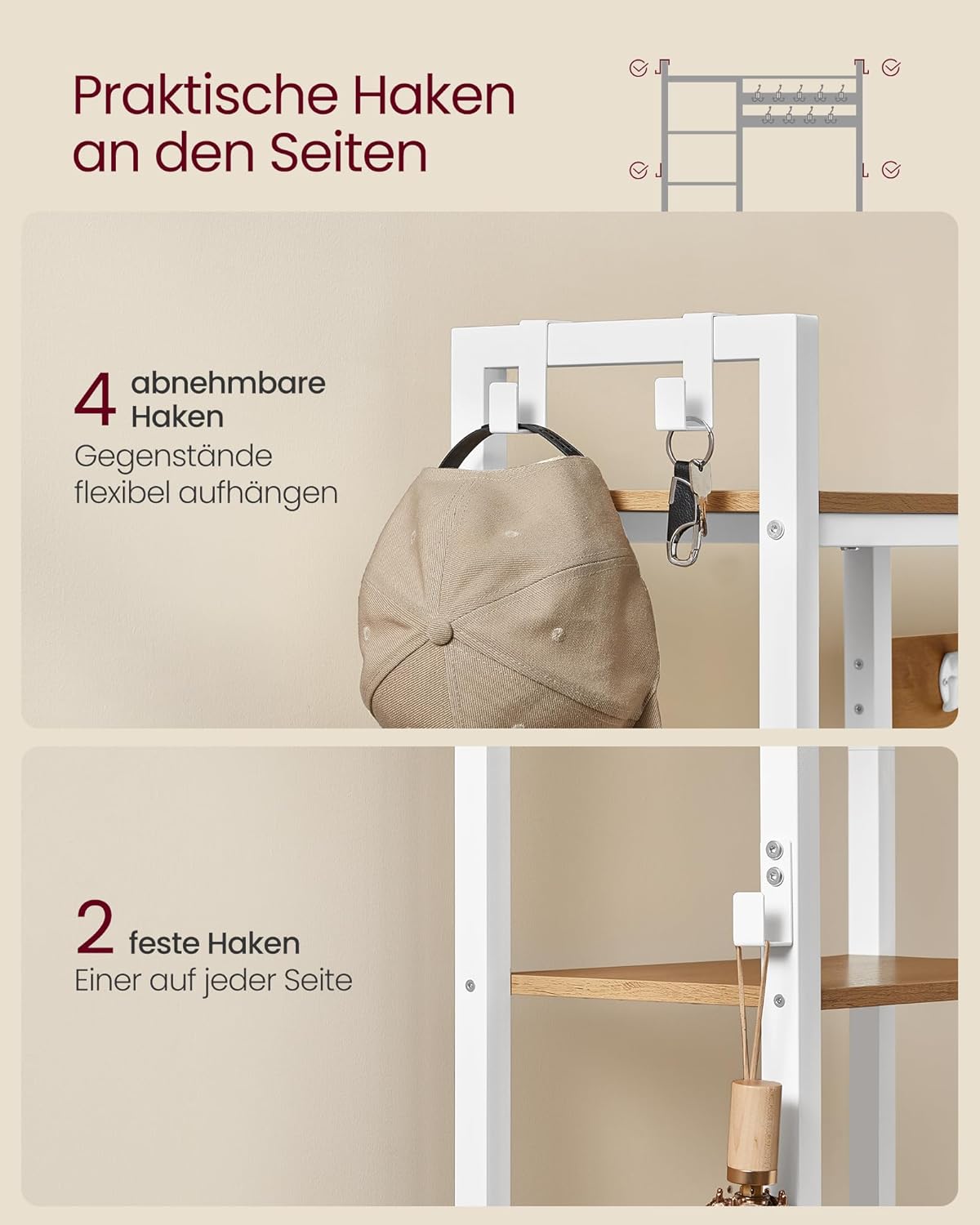 VASAGLE Garderobenständer mit Schuhbank, Garderobe, 5 Regalebenen aus Spanplatten, 9 Dreifach-Haken, 6 seitliche Haken, 40 x 120 x 190 cm, goldeichenfarben-wolkenweiß HSR426Y01