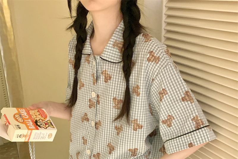 Sadelle - Pyjamatop met 3/4-mouwen, kraag en berenprint, knoopsluiting, broek, trekkoordtas en set