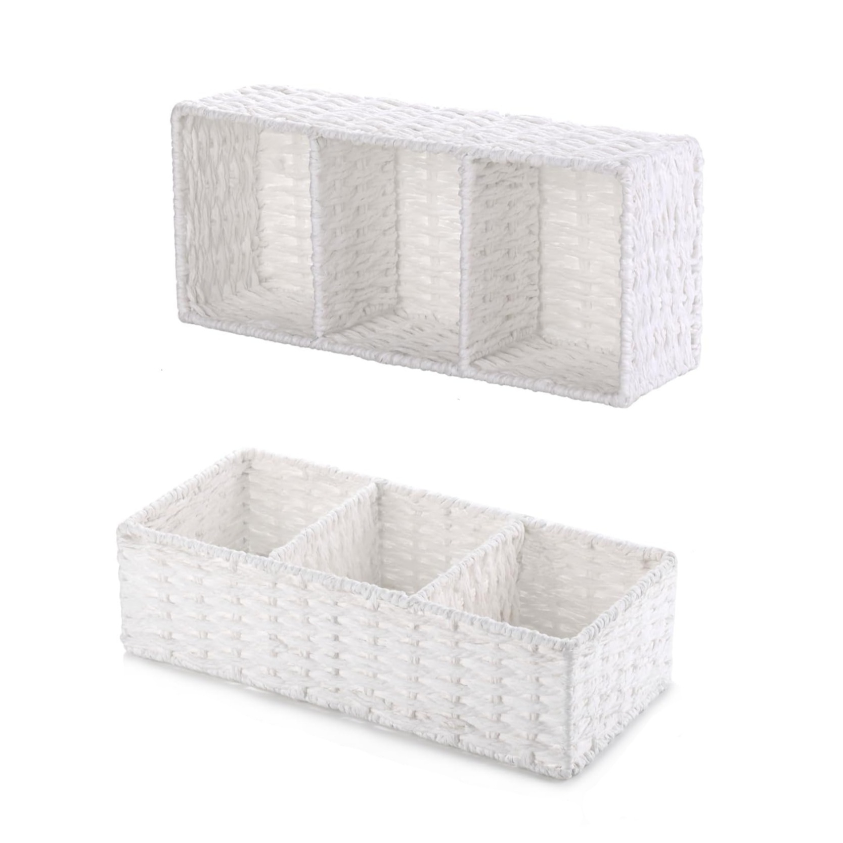 (36x15cm) Rattan Aufbewahrungs Korb Deko Organizer mit 3 Fächern für Badezimmer / Küche / Wohnzimmer - Weiss