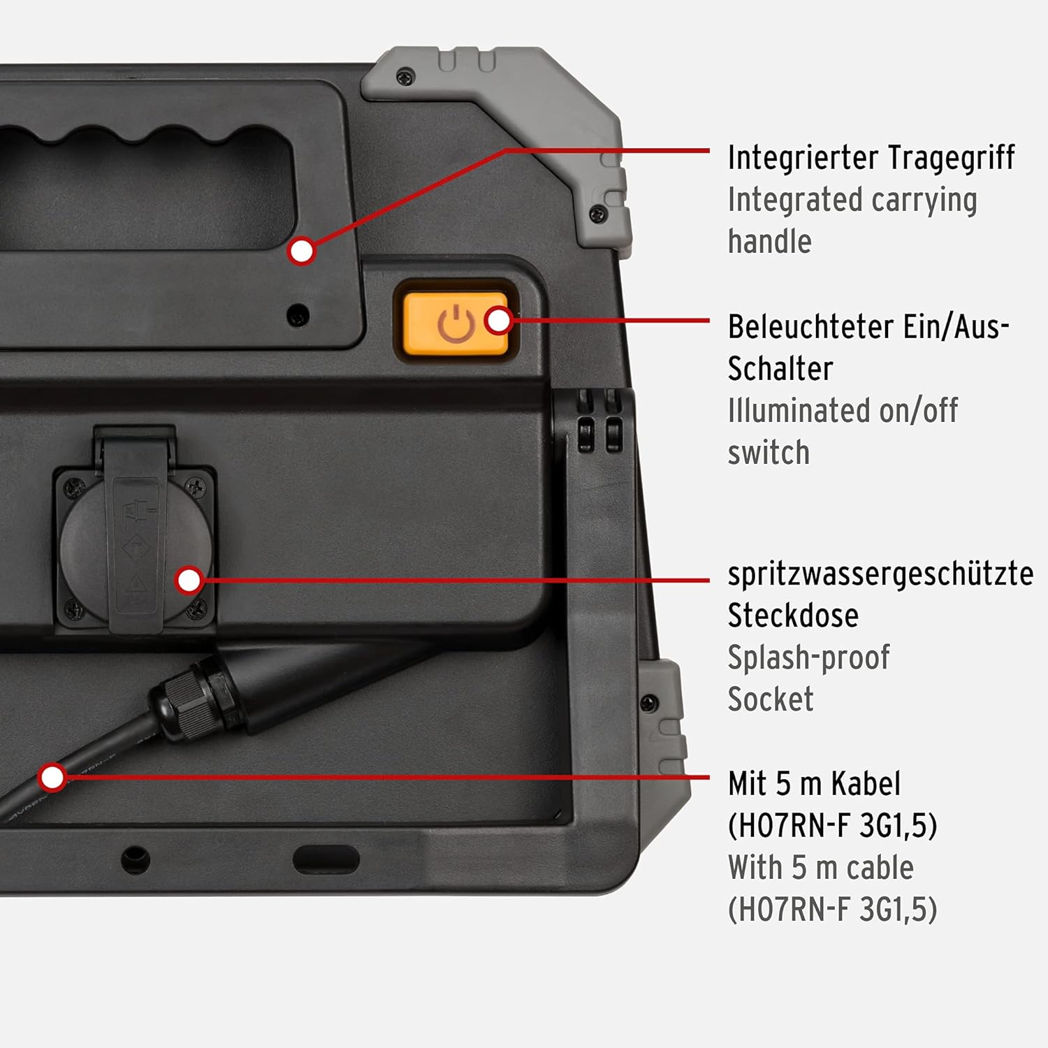 Brennenstuhl LED Baustrahler DINORA 10050 (85W, 10600lm, 5700K, IP54, LED Arbeitsstrahler mit 5m RN-Kabel, bruch- und schlagfestes Kunststoffgehäuse)
