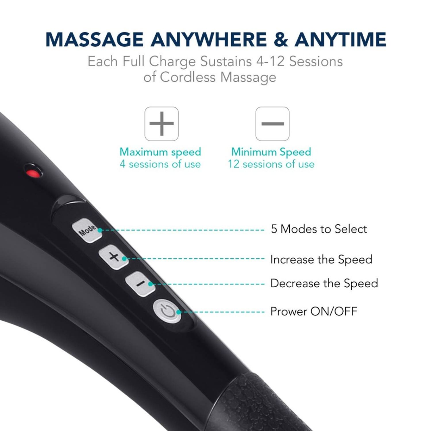 NAIPO Handmassagegerät Shiatsu-Massagegerät, Kabellos, 4 Aufsätze, für die Ganzkörpermassage