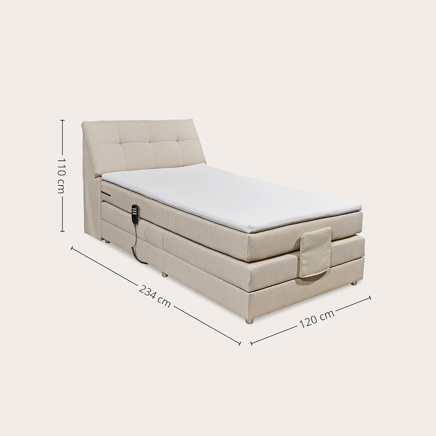 CARPINO Boxspringbett 120x200 elektrisch verstellbar, Creme - Bequemes Einzelbett mit dekorativer Steppung und Komfortschaum Topper - 120 x 110 x 234 cm (B/H/T)